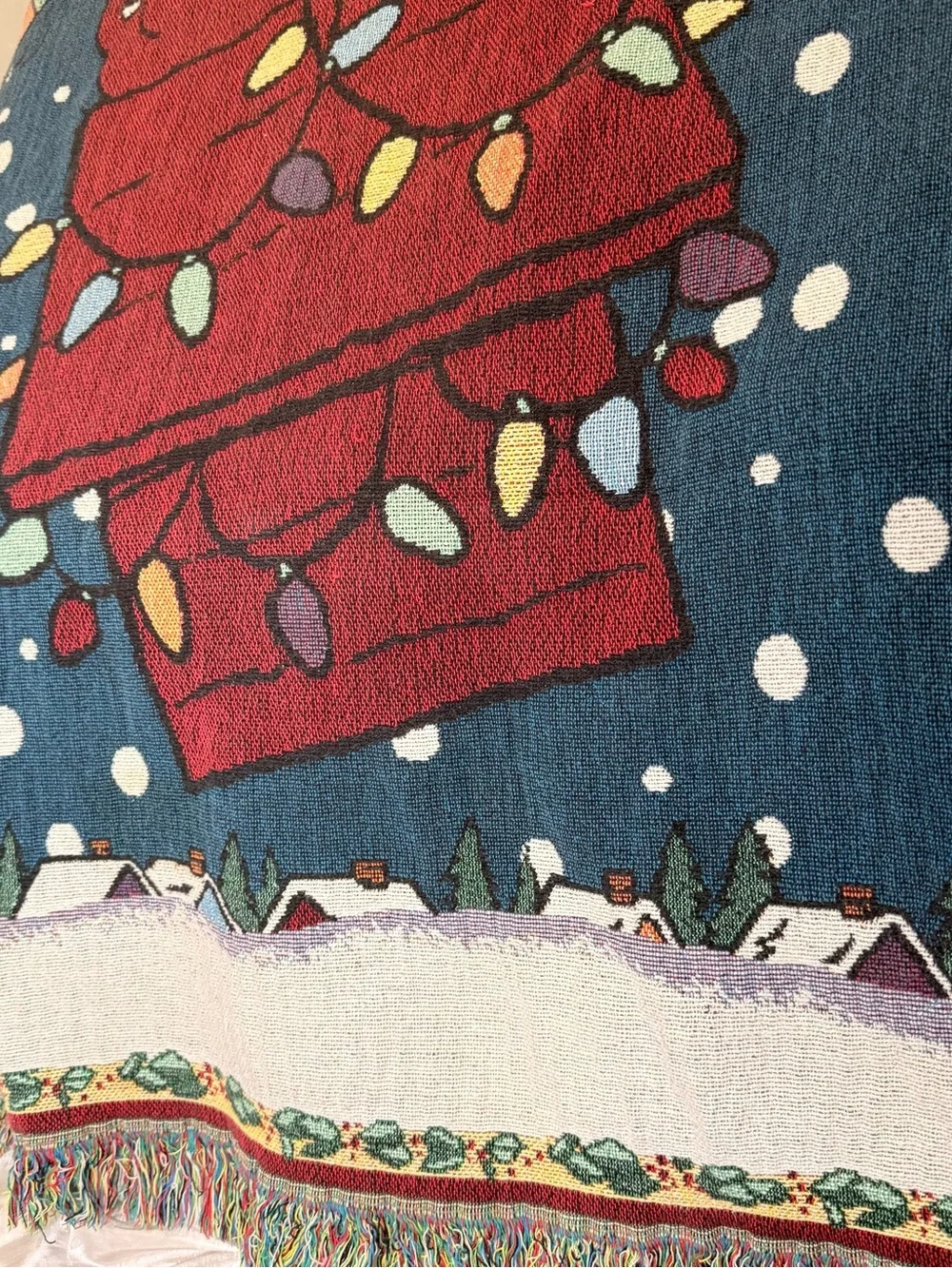 VTG Peanuts Snoopy Christmas Woven Tapestry/Thrw/Blankt Fringe Holiday Woodstock